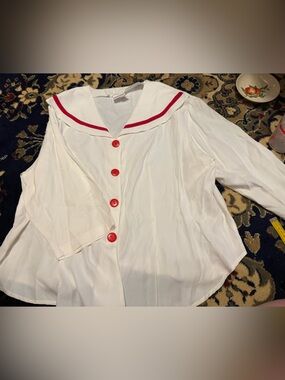 White Sailor-Style Top with Red Trim- Vintage